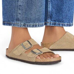Birkenstock Men's Arizona Suede Embossed Sandals Size 10 Beige Flip Flops NWT